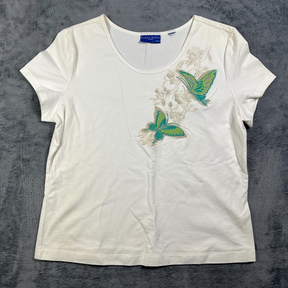 Karen Scott T Shirt Womens White Butterfly Embroidered Scoop Neck Short Sleeve